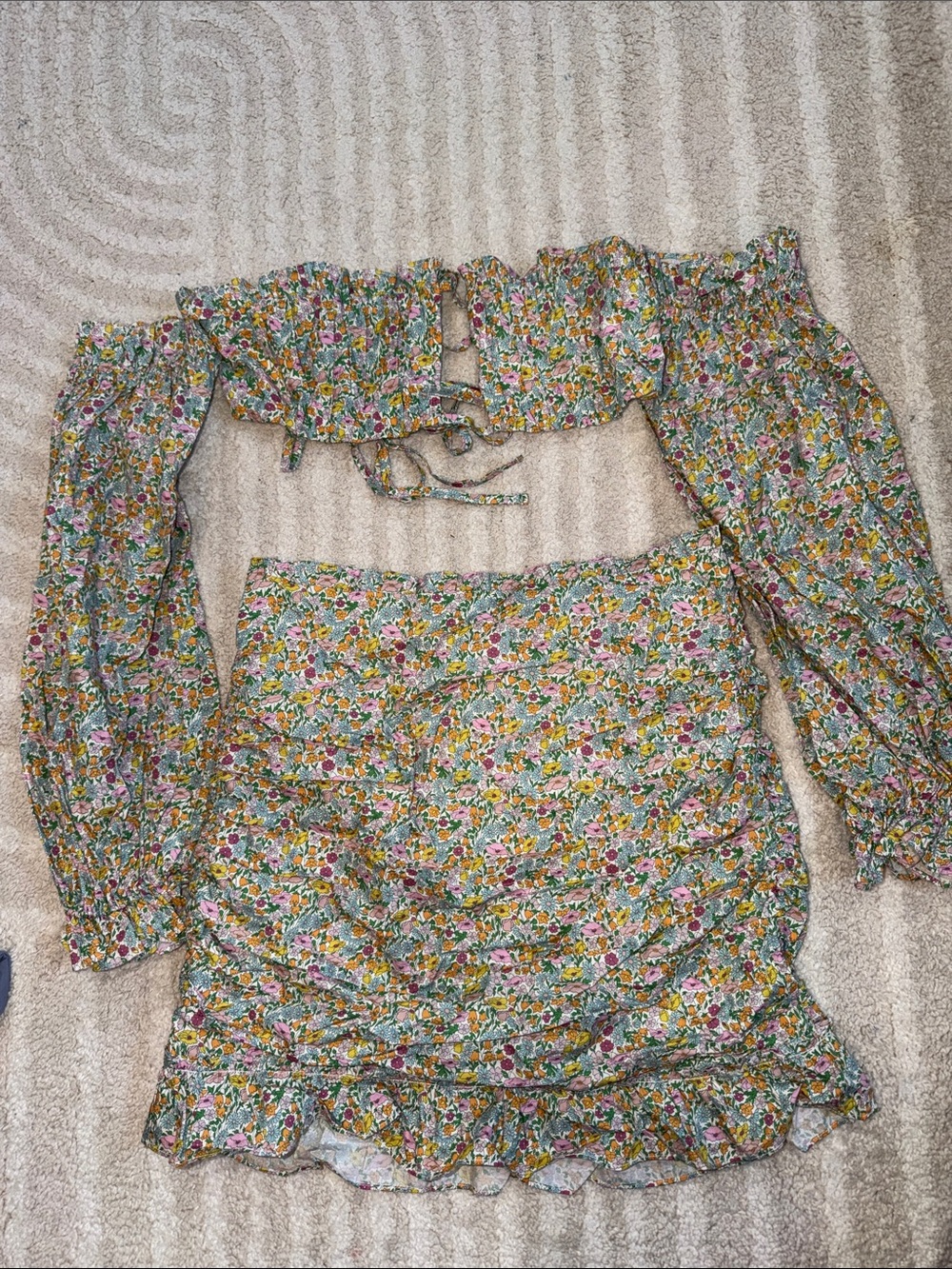 For Love & Lemons Green Floral Off-Shoulder Crop Top and Skirt Set